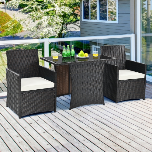 Patiojoy 3PCS Patio Rattan Dining Set Space-Saving Furniture Set with Tempered Glass Top Table and Cushioned Chairs