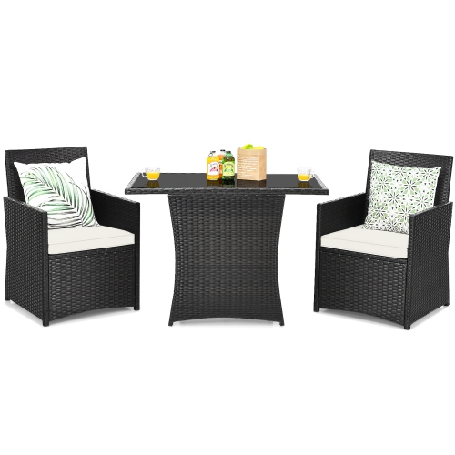 Patiojoy 3PCS Patio Rattan Dining Set Space-Saving Furniture Set with Tempered Glass Top Table and Cushioned Chairs