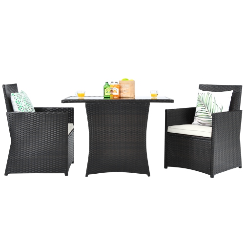 Patiojoy 3PCS Patio Rattan Dining Set Space-Saving Furniture Set with Tempered Glass Top Table and Cushioned Chairs