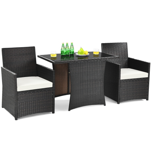 Patiojoy 3PCS Patio Rattan Dining Set Space-Saving Furniture Set with Tempered Glass Top Table and Cushioned Chairs
