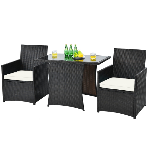 Patiojoy 3PCS Patio Rattan Dining Set Space-Saving Furniture Set with Tempered Glass Top Table and Cushioned Chairs