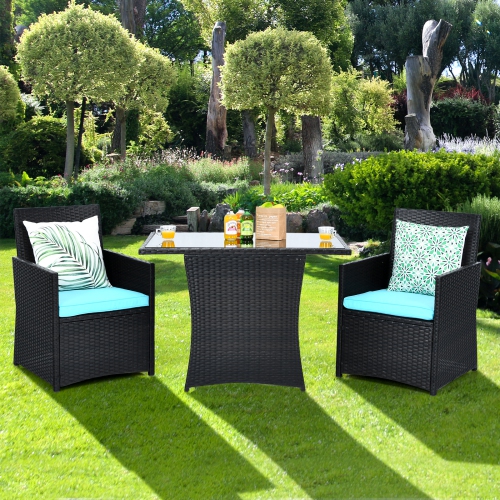 TOPBUY  Patiojoy 3PCs Patio Rattan Dining Set Space-Saving Furniture Set With Tempered Glass Top Table And Cushioned Chairs