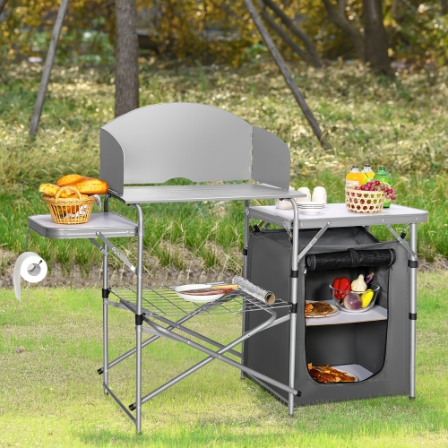 Costway Foldable Camping Table Outdoor BBQ Portable Grilling Stand w/Windscreen Bag