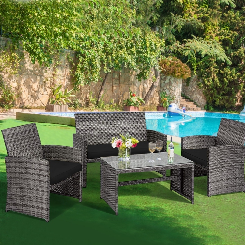 Costway 4PCS Patio Rattan Furniture Set Conversation Glass Table Top Cushioned