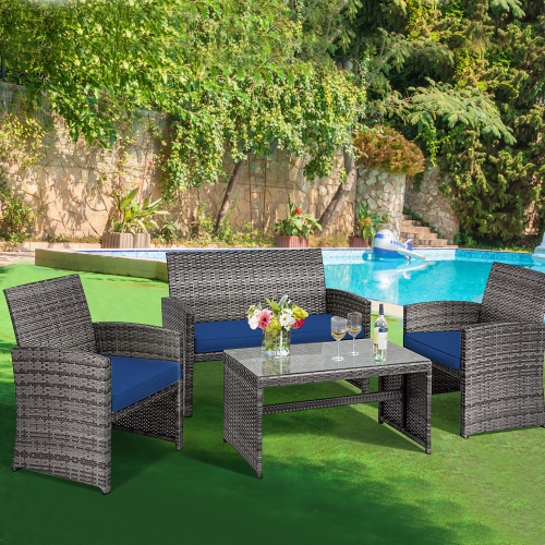 Costway 4PCS Patio Rattan Furniture Set Conversation Glass Table Top Cushioned