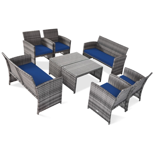 Costway 8PC Patio Rattan Furniture Set Glass Table Top Cushioned Sofa