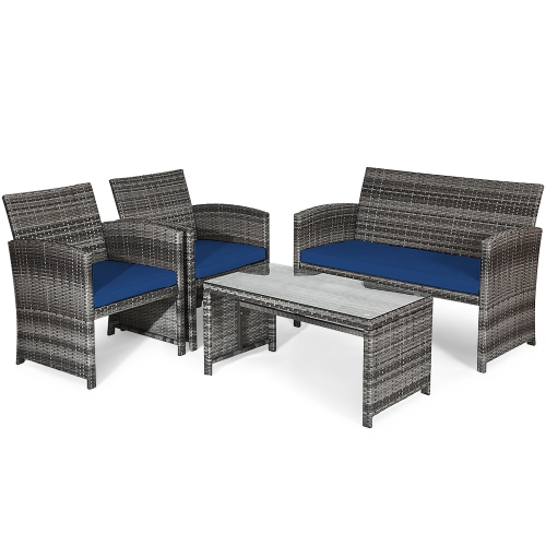 Costway 8PC Patio Rattan Furniture Set Glass Table Top Cushioned Sofa
