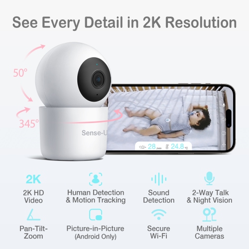 Sense-U Video Baby Monitor with Remote PTZ Camera, 2-Way Talk, Night Vision, Background Audio, Motion Detection & No Monthly Fee