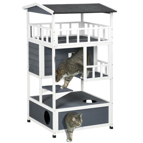 PAWHUT  Outdoor Cat House, 4-Floor Wood Cat House for Feral Cats With Balcony, Condo, Fun Entrances, Perch In Grey