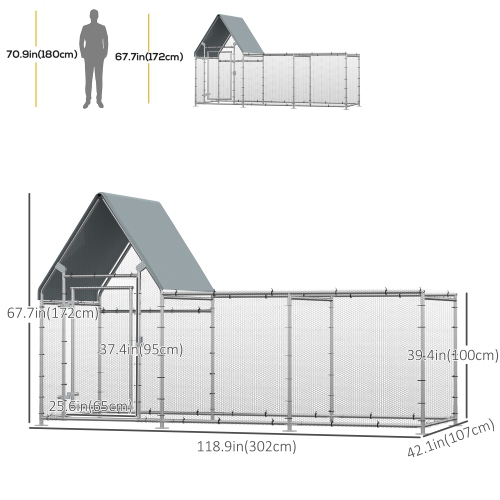 PawHut Walk In Chicken Run, Large Galvanized Chicken Coop, Hen Poultry House Cage, Rabbit Hutch Metal Enclosure with Water-Resist Cover for Outdoor