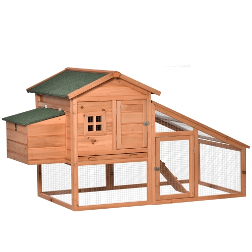 PawHut 69" Chicken Coop Wooden Hen House Rabbit Hutch Poultry Cage Pen Outdoor Backyard with Outdoor Run Nesting Box Removable Tray Waterproof Asphal