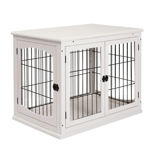PawHut 26'' Wooden Decorative Dog Cage Pet Crate Kennel with Double Door Entrance & a Simple Modern Design, White