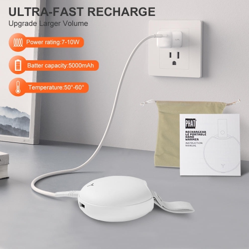 7-10W Rechargeable Hand Warmer 5000mAh Portable Pocket Power Bank/hand warmer, White - PHAT™
