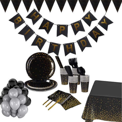 12 Ballons rose gold et noir Joyeux Anniversaire - L'Entrepôt de la Fête
