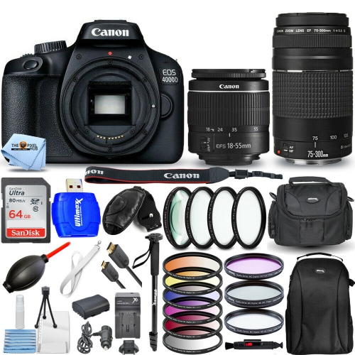 CANON  Eos 4000D / Rebel T100 4 Lenses 18-55MM + 75-300MM + 64GB - Top Value Bundle