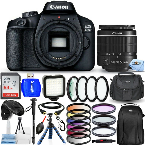 Canon EOS 4000D/Rebel T100 with 18-55mm + 64GB + Filter Kit + Backpack Bundle