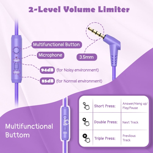 New Bee Kids Headphones with Microphone in Purple - Safe, Comfortable, and Foldable