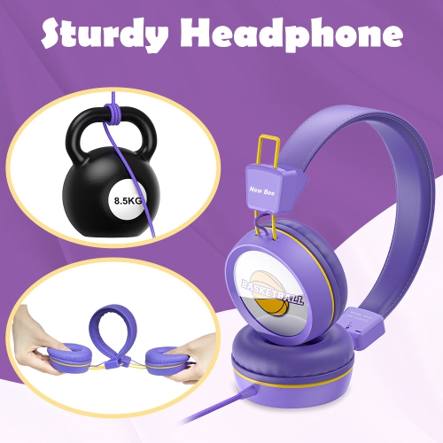 New Bee Kids Headphones with Microphone in Purple - Safe, Comfortable, and Foldable