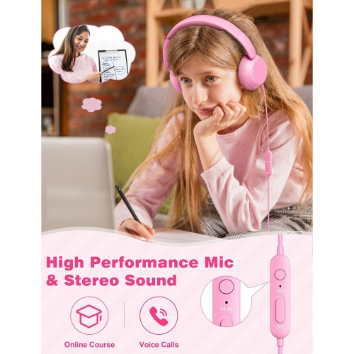 Kids Headphones for School with Microphone On-Ear Folding 85/94dB Volume Control Child Pink