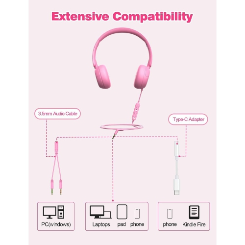 Kids Headphones for School with Microphone On-Ear Folding 85/94dB Volume Control Child Pink