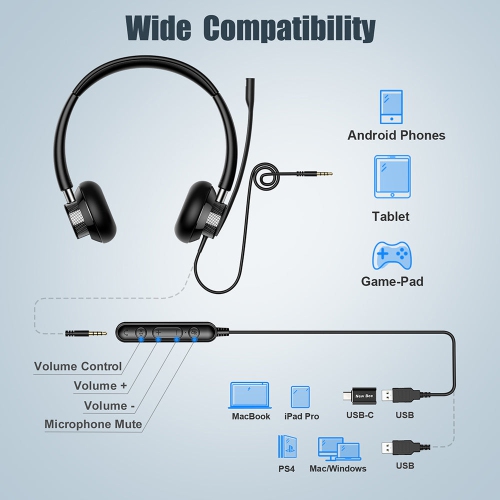 New Bee- Wired USB Headset - Ideal for Call Center, Office, and Multimedia Use