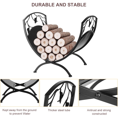 Firewood Storage Holder Rack with Scrolls and Leaf Pattern, Heavy Duty Lumber Organizer Stand Fireplace