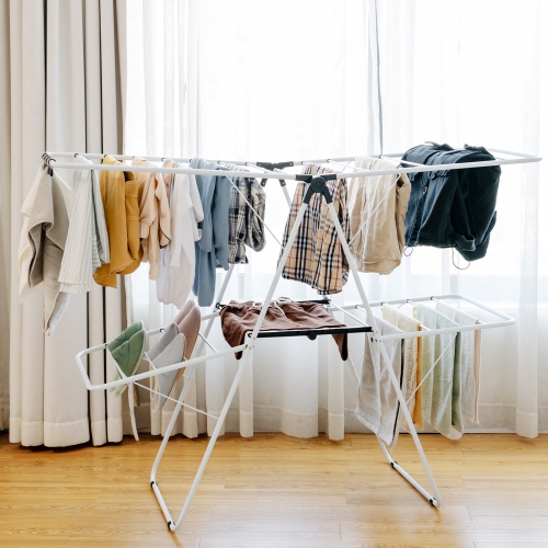 Topbuy Folding Clothes Drying Rack 2-Layer Portable Dryer with Height Adjustable Wings for Outdoor Indoor Use