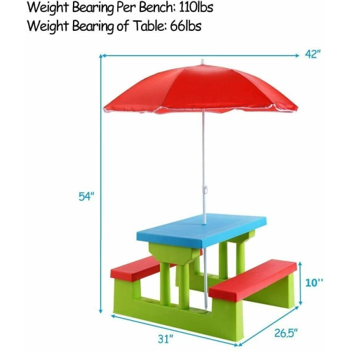 Topbuy Kids Picnic Table Set Indoor Outdoor Toddler Table with Bench & Removable Umbrella Portable Children Play Set