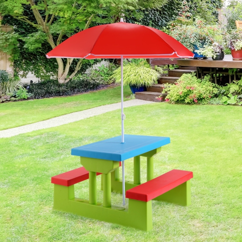 Topbuy Kids Picnic Table Set Indoor Outdoor Toddler Table with Bench & Removable Umbrella Portable Children Play Set