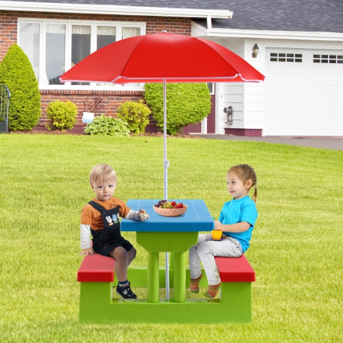 Topbuy Kids Picnic Table Set Indoor Outdoor Toddler Table with Bench & Removable Umbrella Portable Children Play Set