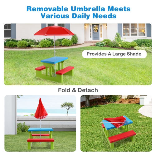 Topbuy Kids Picnic Table Set Indoor Outdoor Toddler Table with Bench & Removable Umbrella Portable Children Play Set