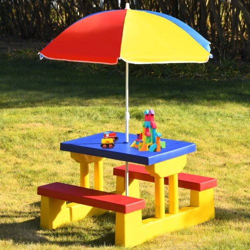 Topbuy Kids Picnic Table Set Indoor Outdoor Toddler Table with Bench & Removable Umbrella Portable Children Play Set