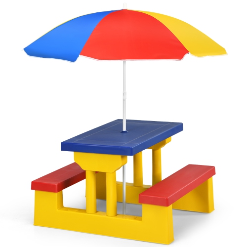 Topbuy Kids Picnic Table Set Indoor Outdoor Toddler Table with Bench & Removable Umbrella Portable Children Play Set