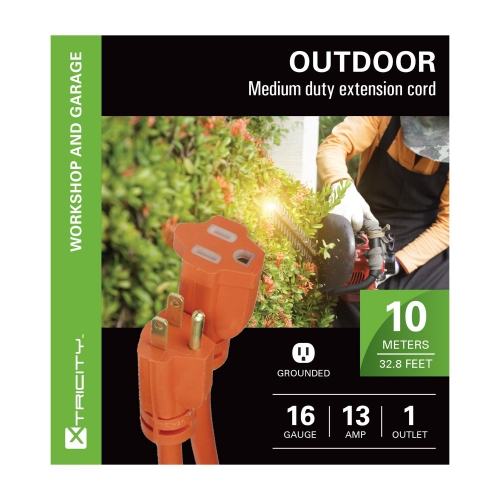 Xtricity - 1 Plug Electrical Extension Cord with Grounding, 10 Meter Length, For Outdoor Use, Orange
