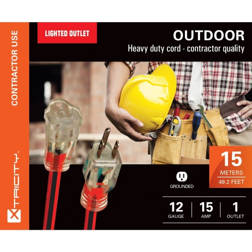 Xtricity 1-Outlet Grounding Electric Light Extension Cord, 15 Meter Length, For Outdoor Use, Red