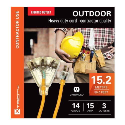 Xtricity - 3-Outlet Grounding Electric Light Extension Cord, 15.2 Meter Length, For Outdoor Use, Yellow
