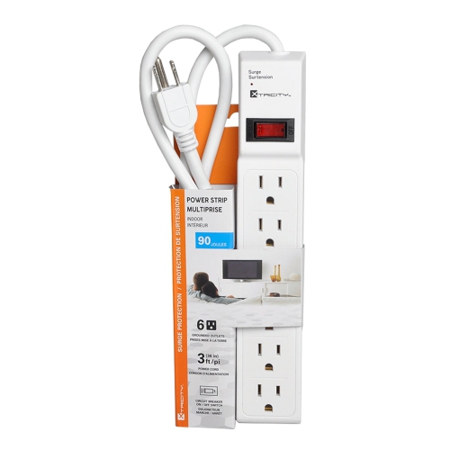 Xtricity - 6 Outlet Surge Protector with Grounding, 90 Joules, 3 Feet Cable, White