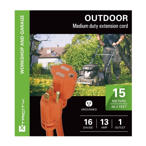 Xtricity - 1 Plug Electrical Extension Cord with Grounding, 15 Meter Length, For Outdoor Use, Orange