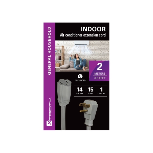 Xtricity - 1 Plug Electrical Extension Cord with Grounding, 2 Meter Length, For Indoor Use, Gray