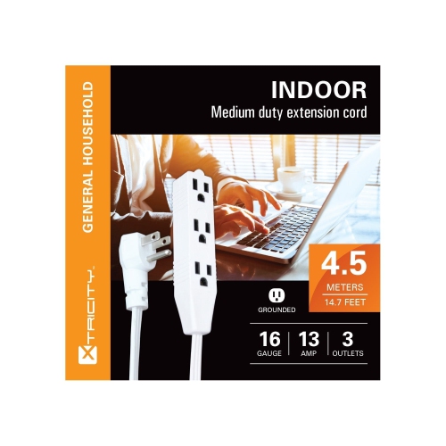 Xtricity - 3 Outlet Grounding Electric Extension Cord, 4.5 Meter Length, For Indoor Use, White