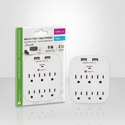 Xtricity - 6-Outlet and 2-Port USB 2.4A Wall Power Strip, White