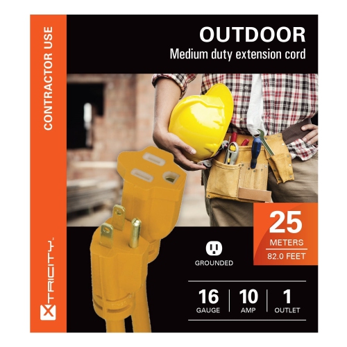Xtricity - 1 Outlet Grounding Extension Cord, 25 Meter Length, For Outdoor Use, Yellow