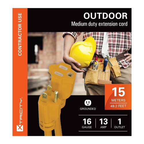Xtricity - 1 Outlet Grounding Extension Cord, 15 Meter Length, For Outdoor Use, Yellow