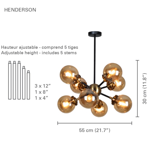 Xtricity - 8-Light Pendant, 21.7'' Width, From the Henderson Collection, Black and Amber