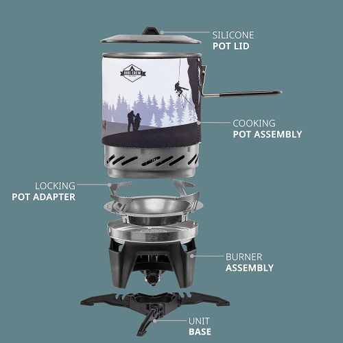 HikeCrew Portable Gas Powered Stove top & Cooking System, Compact Camping Cooktop with 0.8L Pot, Silicone Lid, Folding Handle & Carry Bag, Perfect