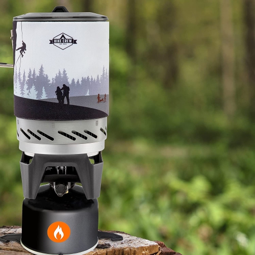 HikeCrew Portable Gas Powered Stove top & Cooking System, Compact Camping Cooktop with 0.8L Pot, Silicone Lid, Folding Handle & Carry Bag, Perfect