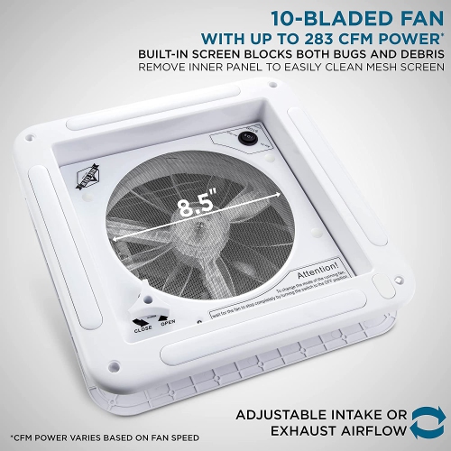Hike Crew 11” RV Roof Vent Fan | 12V Motorhome Vent Fan | Intake & Exhaust, Manual Open/Close & White Lid | Includes Screws & Garnish
