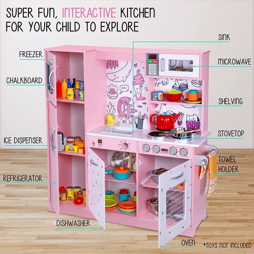 Jumbl Kitchen Set, Pretend Wooden Play Kitchen, Realistic Design, Interactive Battery Operated Sound Elements, Includes Microwave, Ice Machine,