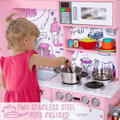 Jumbl Kitchen Set, Pretend Wooden Play Kitchen, Realistic Design, Interactive Battery Operated Sound Elements, Includes Microwave, Ice Machine,