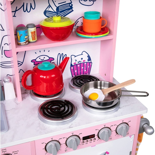 Jumbl Kitchen Set, Pretend Wooden Play Kitchen, Realistic Design, Interactive Battery Operated Sound Elements, Includes Microwave, Ice Machine,